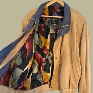 Vintage d.FINE Las Vegas Leather Bomber Jacket Men’s 42 Tan Blue Trim 90s Lined